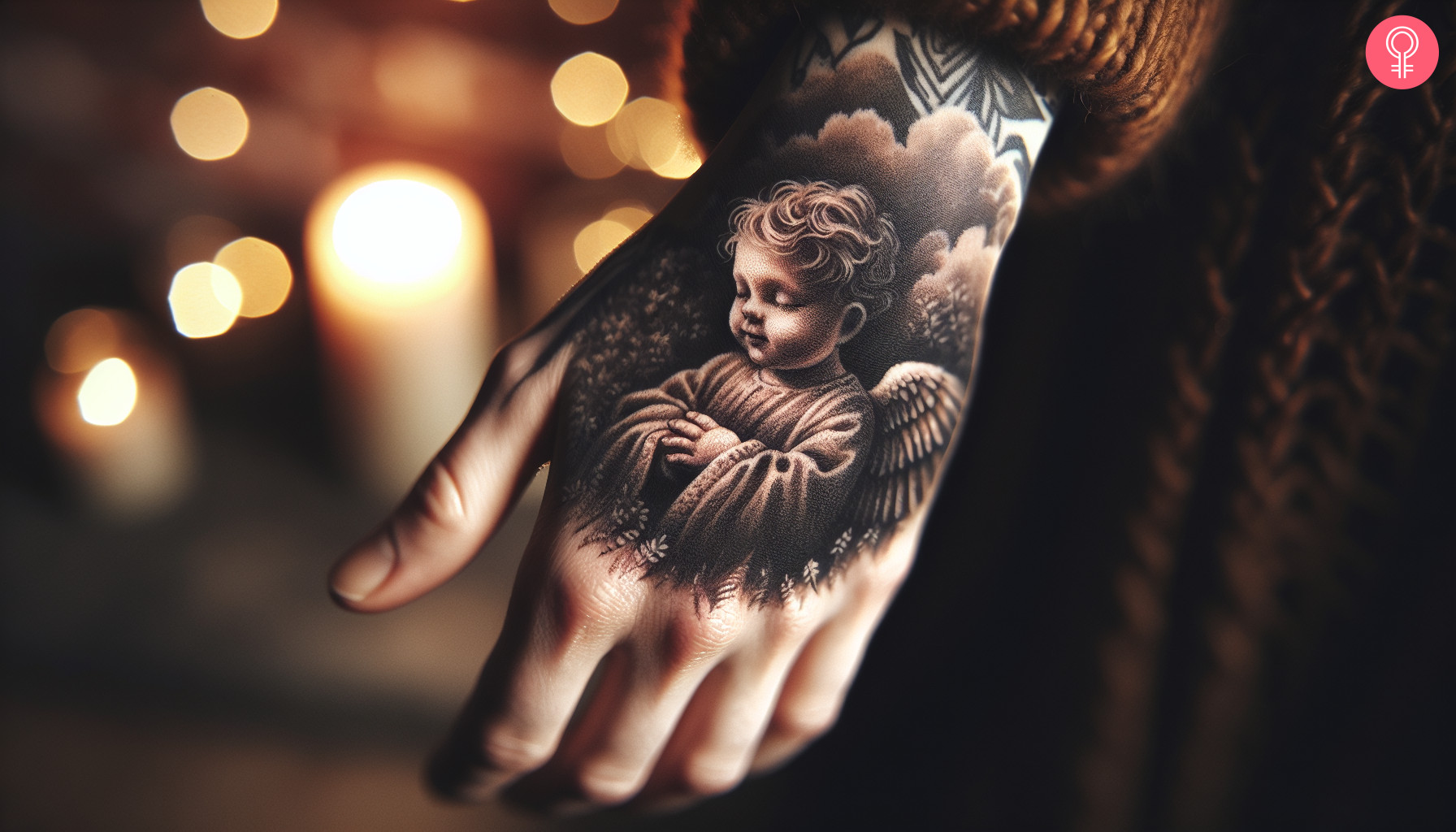 A baby angel tattoo on the hand of a woman