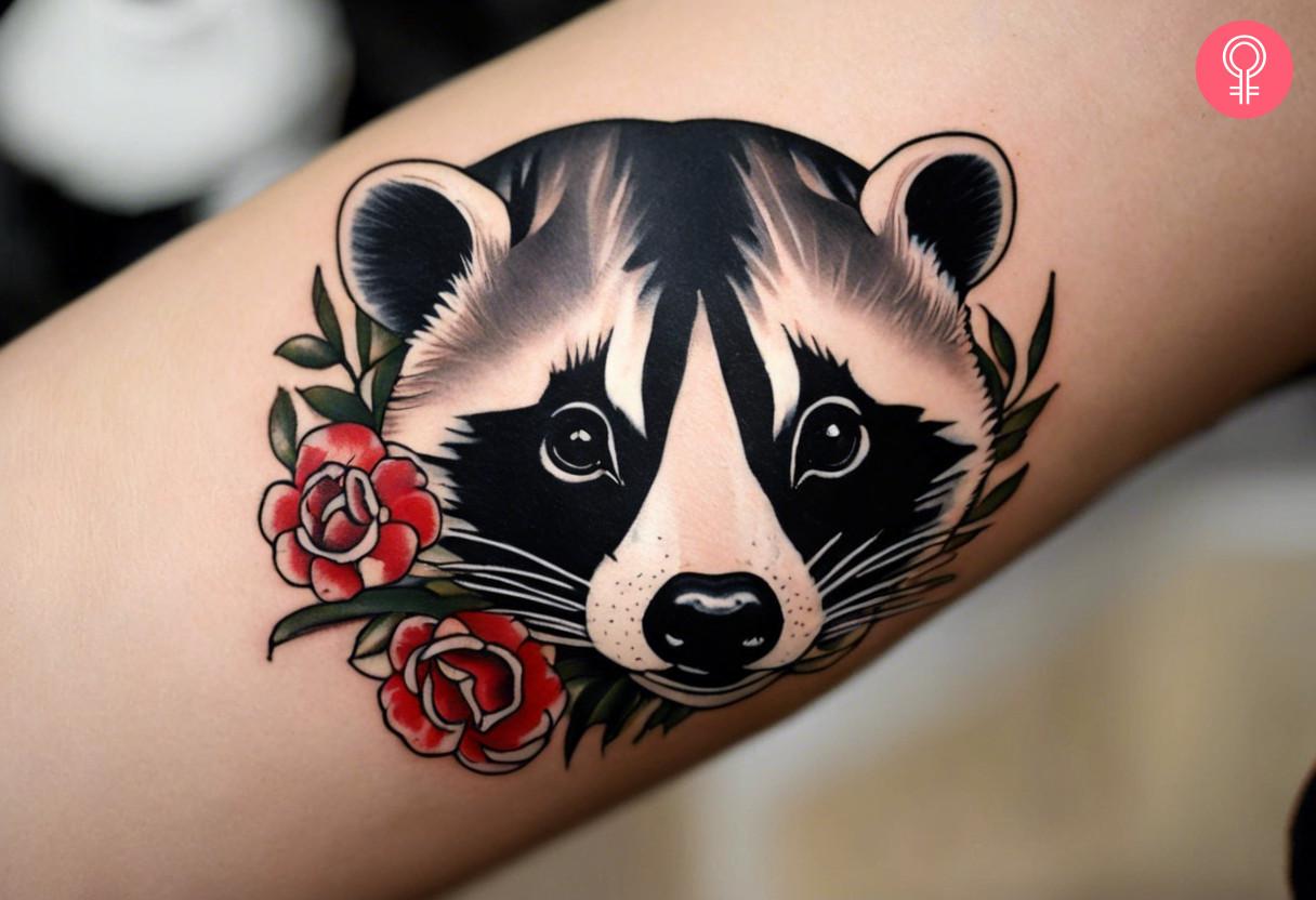 A badger head tattoo with cute flowers on the forearm