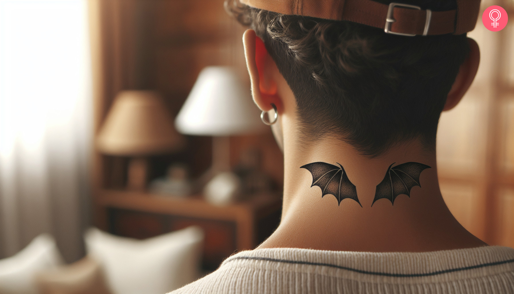 A bat wings tattoo on a man’s back neck