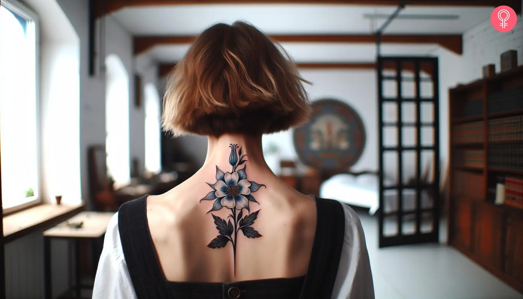 A beautiful blue columbine flower tattoo on the back