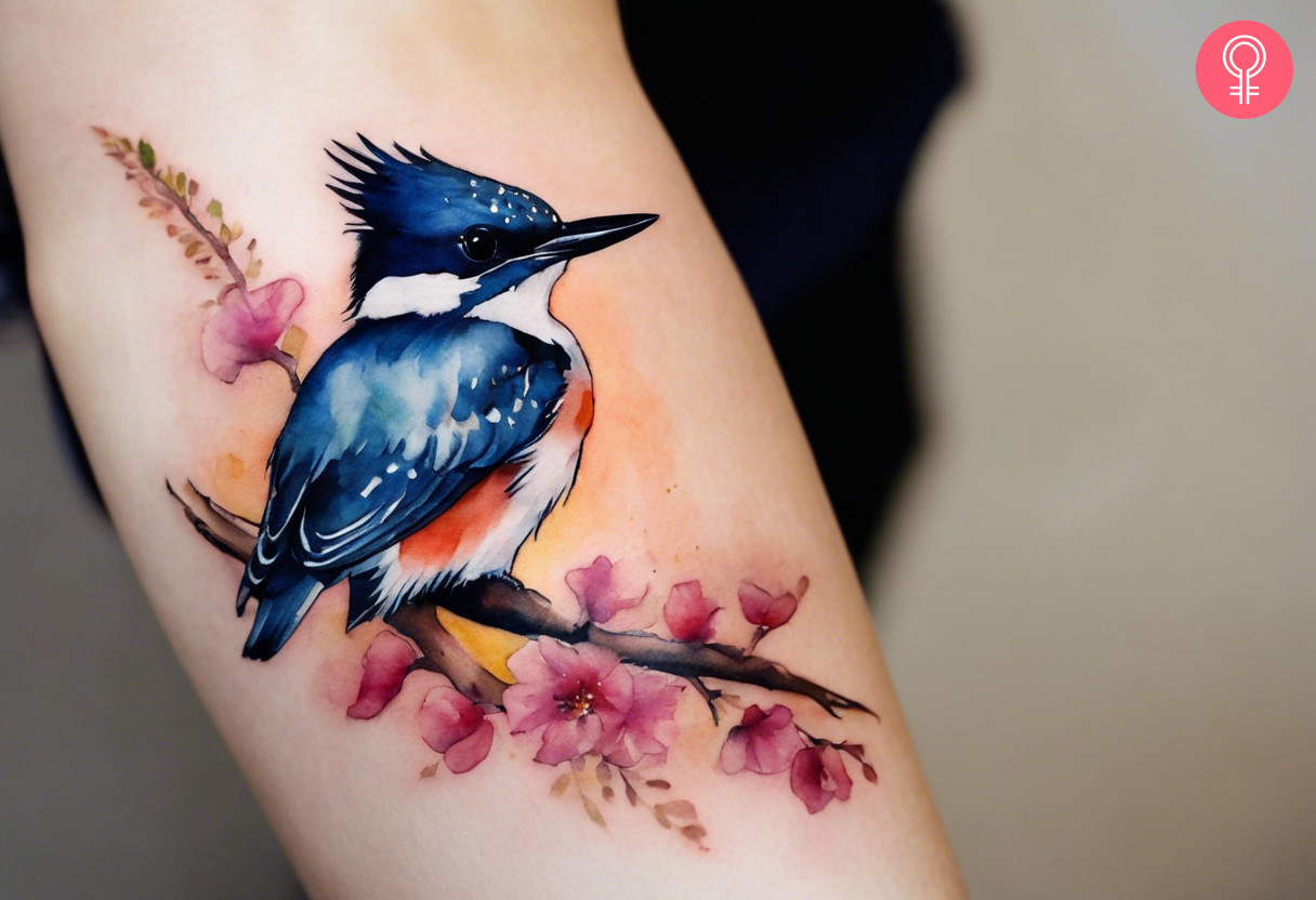 A belted watercolor kingfisher tattoo perched on a branch with flowers