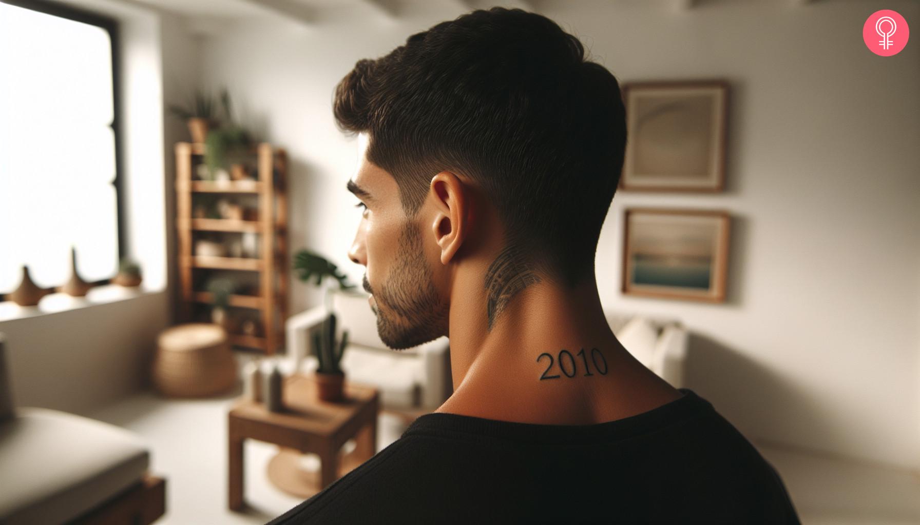 A birthday tattoo of birth year on the neck