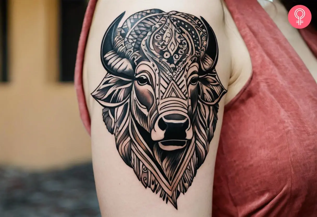 A bison head tattoo on the upper arm of a woman