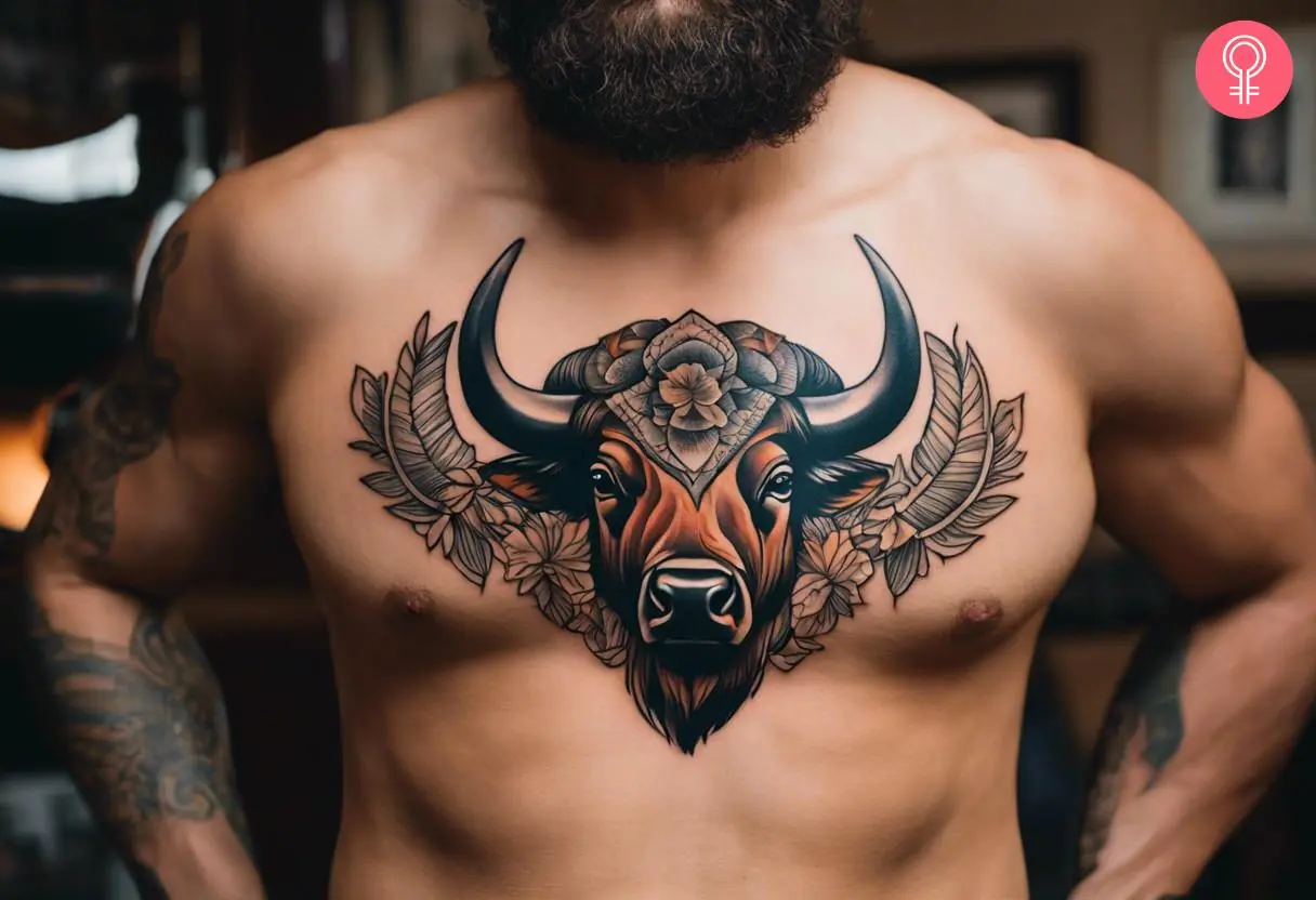 A bison tattoo on the chest of a man