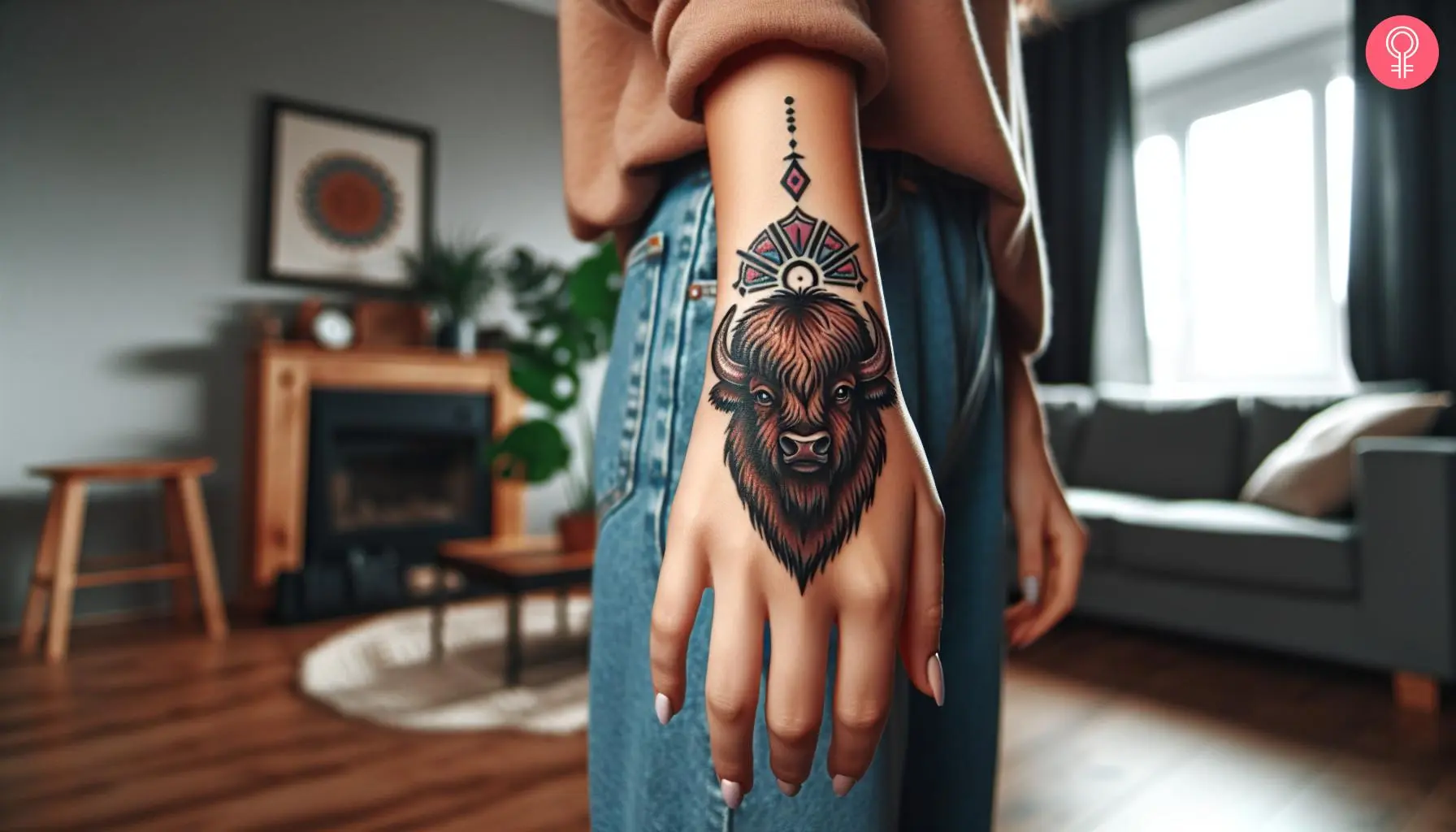 A bison tattoo on the hand of a woman