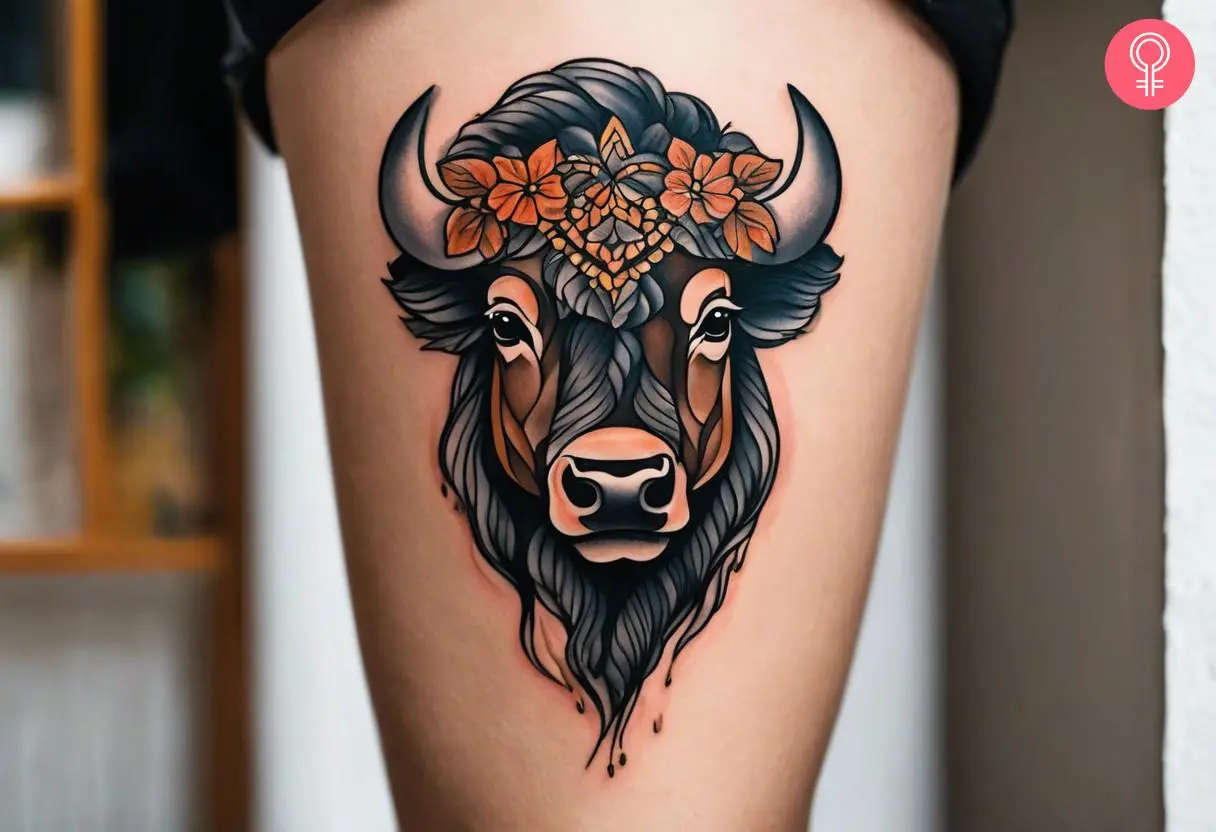 A bison tattoo on the leg of a woman