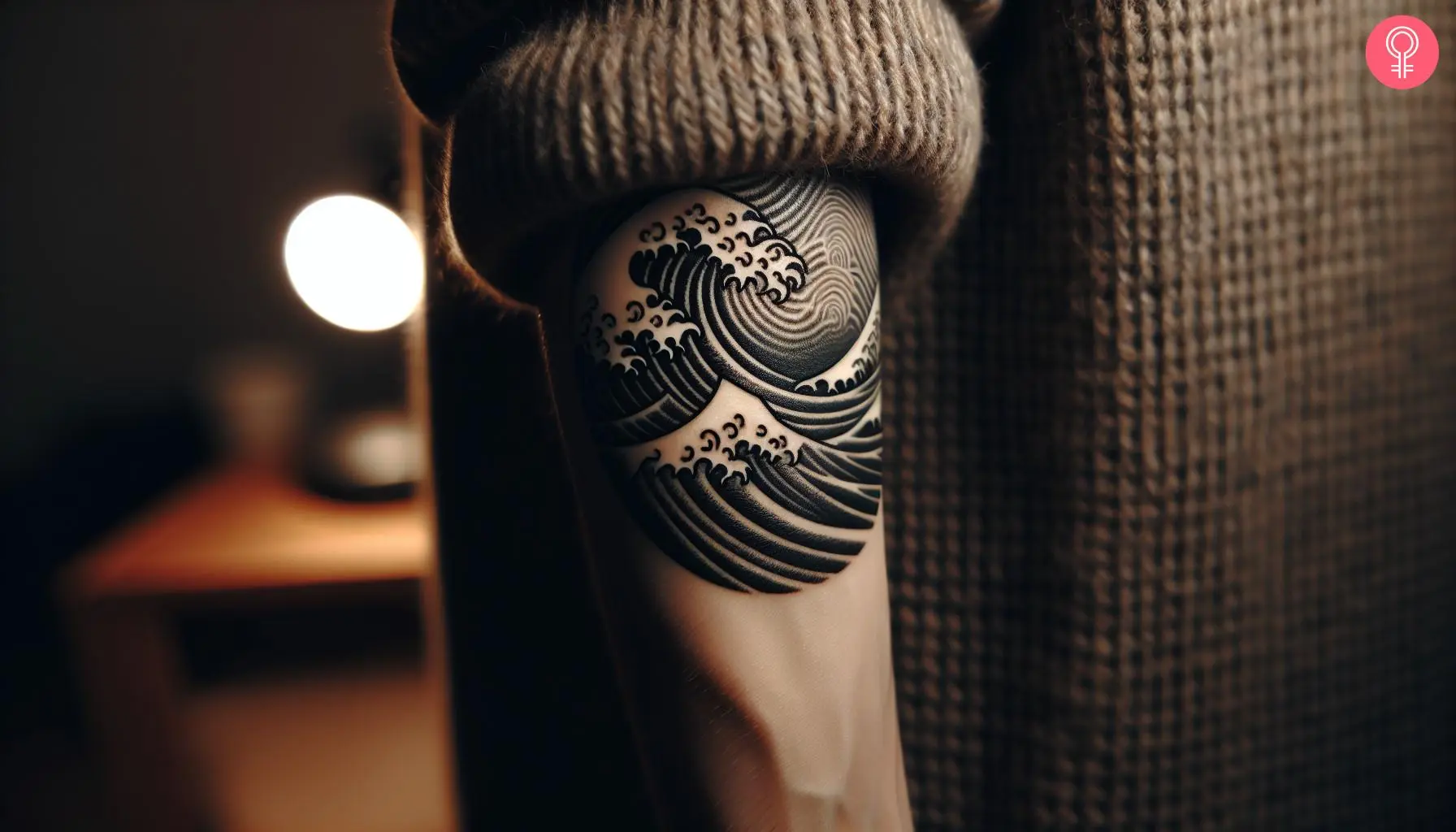 A black Japanese wave tattoo on the forearm of a woman