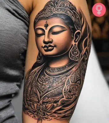 Japanese temple tattoo on the arm of a woman