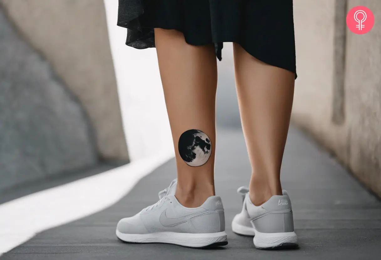 A black-and-gray moon calf tattoo