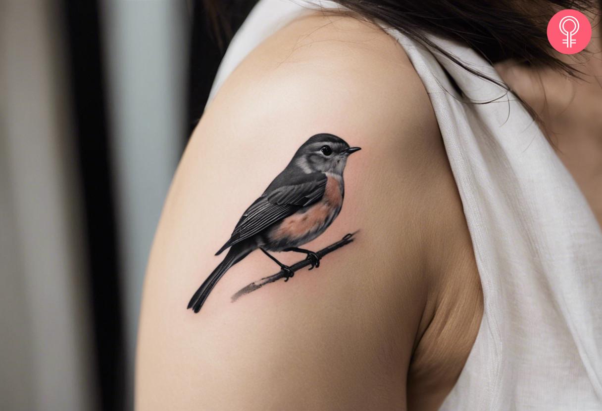 A black and gray robin tattoo with a hint of red