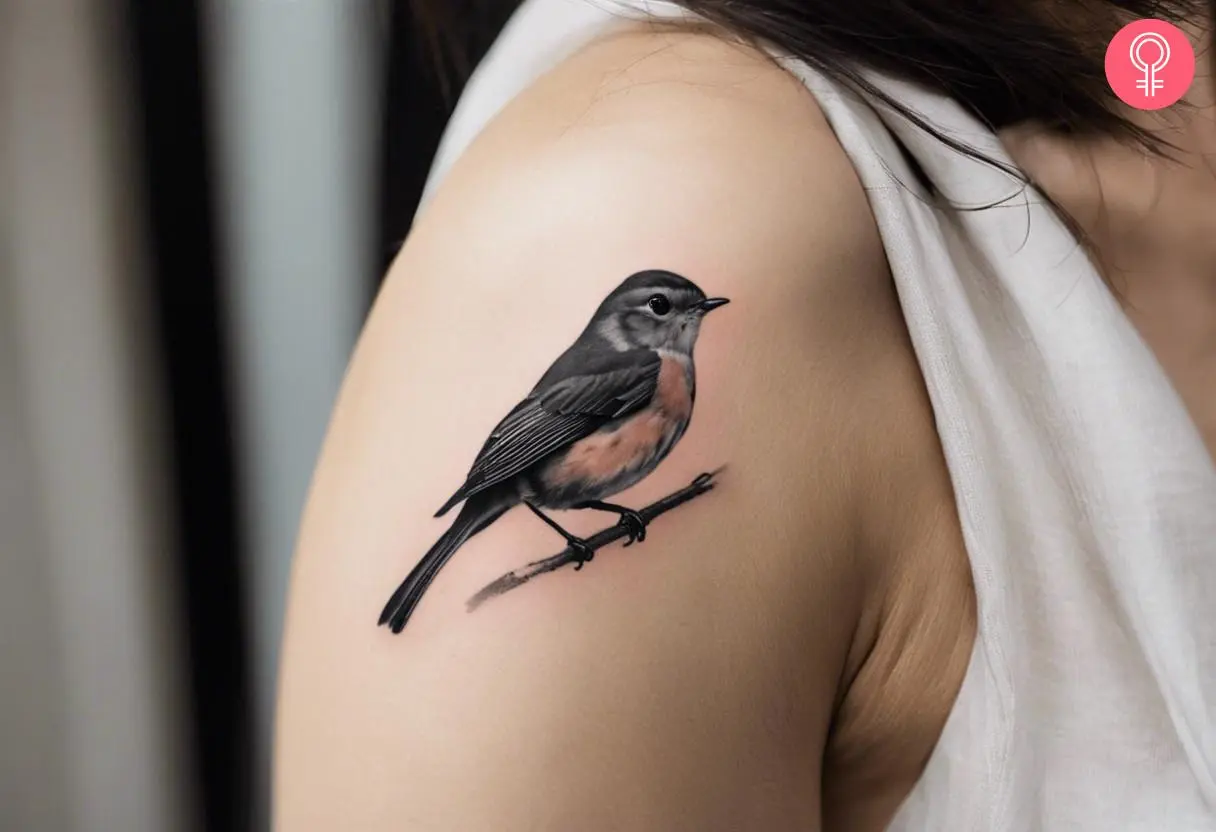 A black-and-gray robin tattoo with a slight hint of red