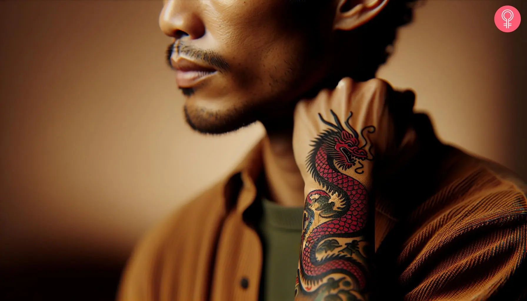 A black and red dragon tattoo on a man’s forearm