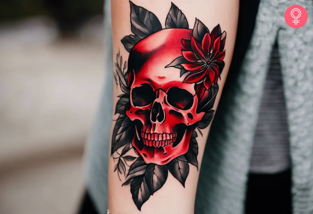 A black and red skull tattoo on a woman’s forearm