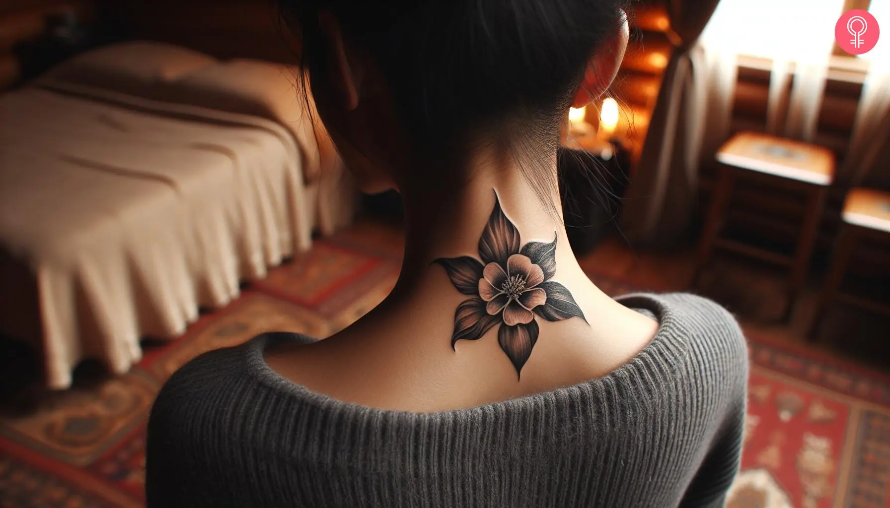 A black and white Columbine flower tattoo at the back of the neck