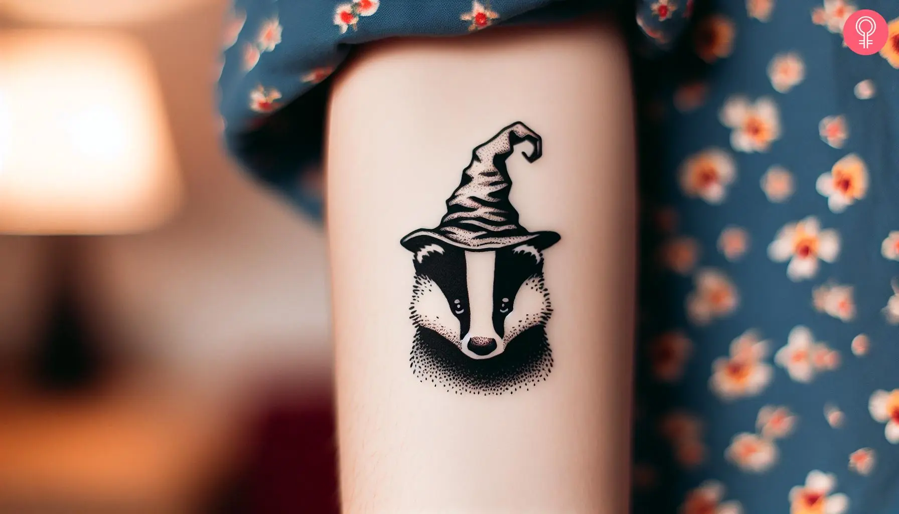 A black-and-white Hufflepuff tattoo on the upper arm of a woman