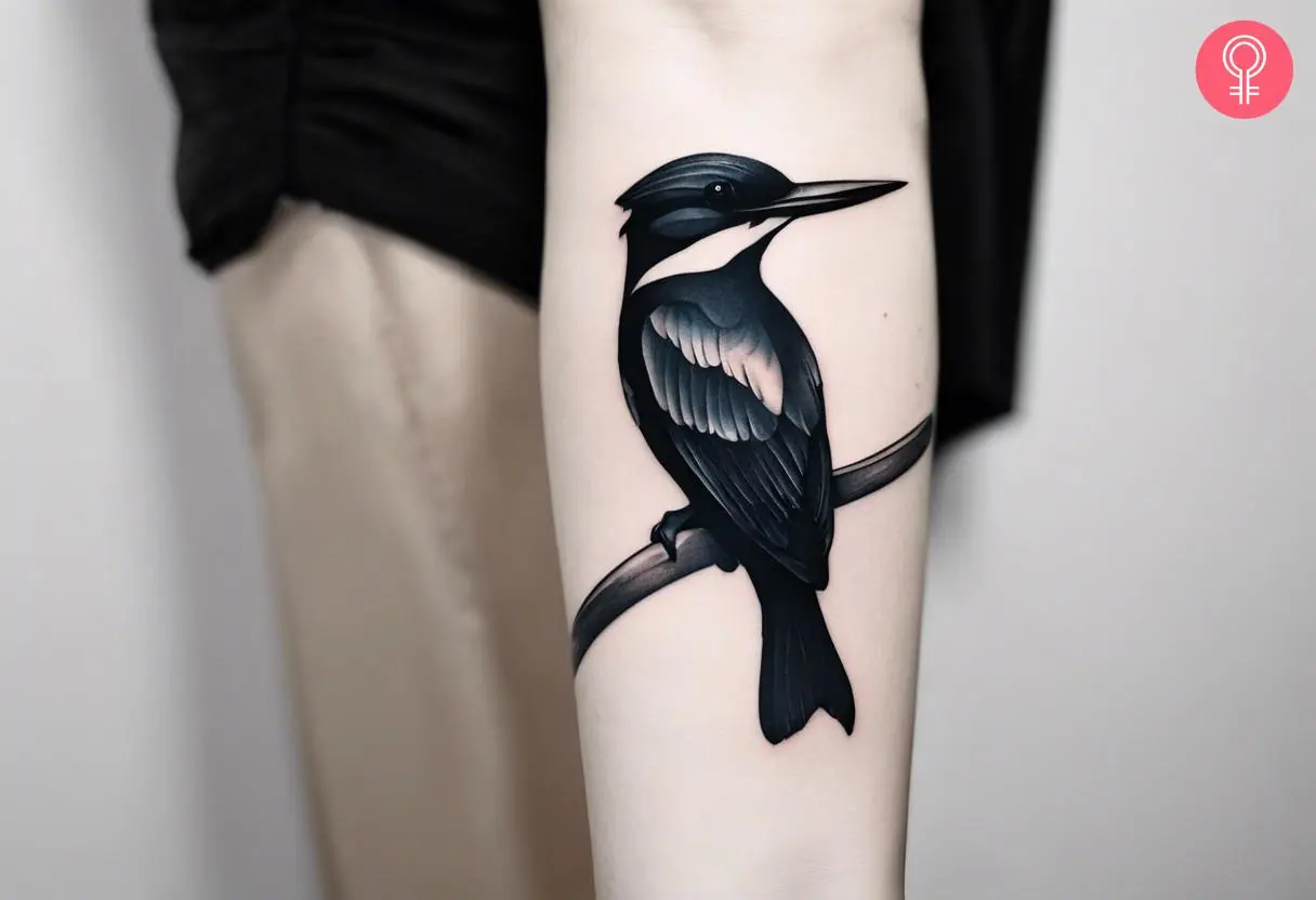 A black-and-white kingfisher tattoo inked on the forearm