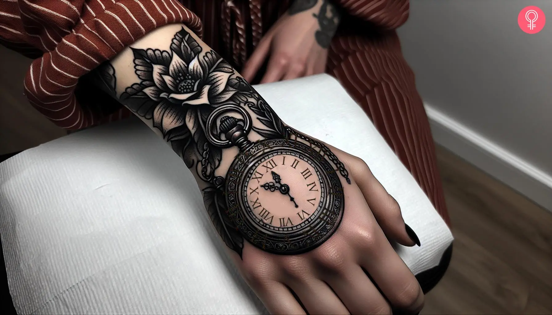 A black-and-white pocket watch tattoo on a women’s hand