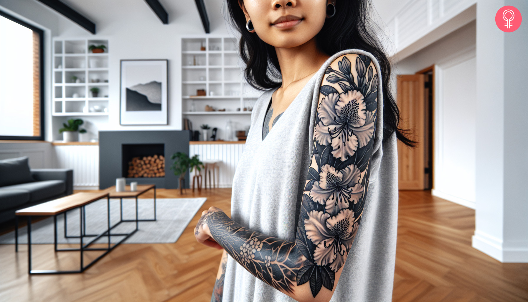 A black and white rhododendron tattoo on the arm