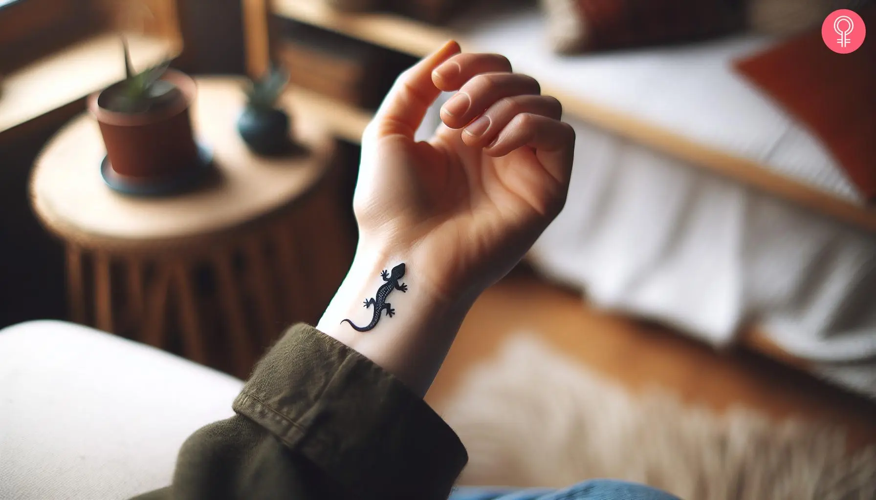 A black and white salamander tattoo on the wrist