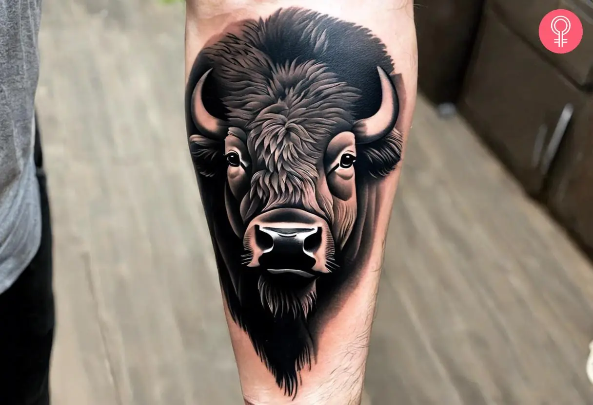 A black bison tattoo on the forearm of a man