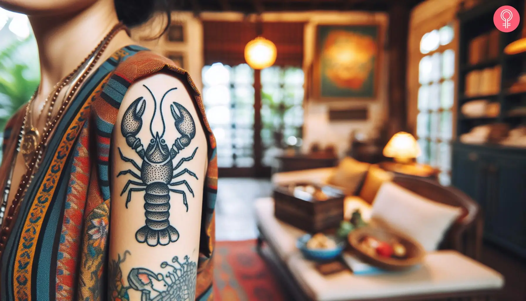 A black crawfish tattoo on a woman’s upper arm