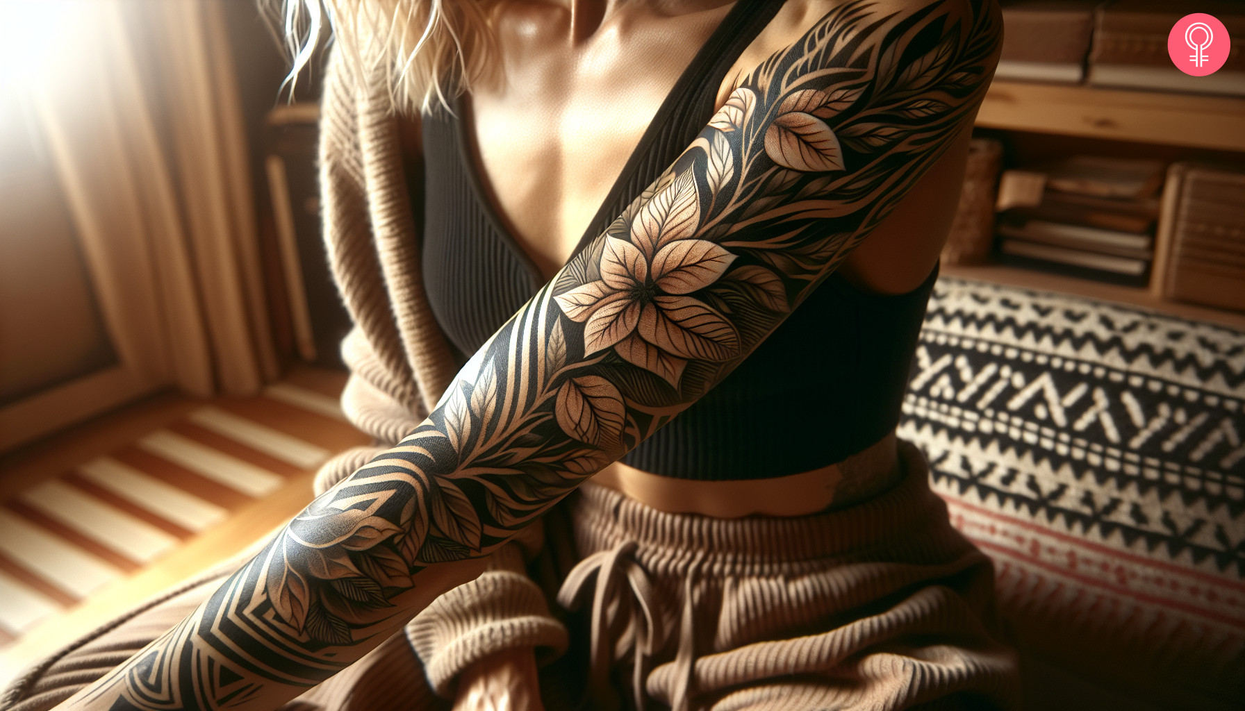 A black ink full sleeve tattoo with floral and leaf patterns