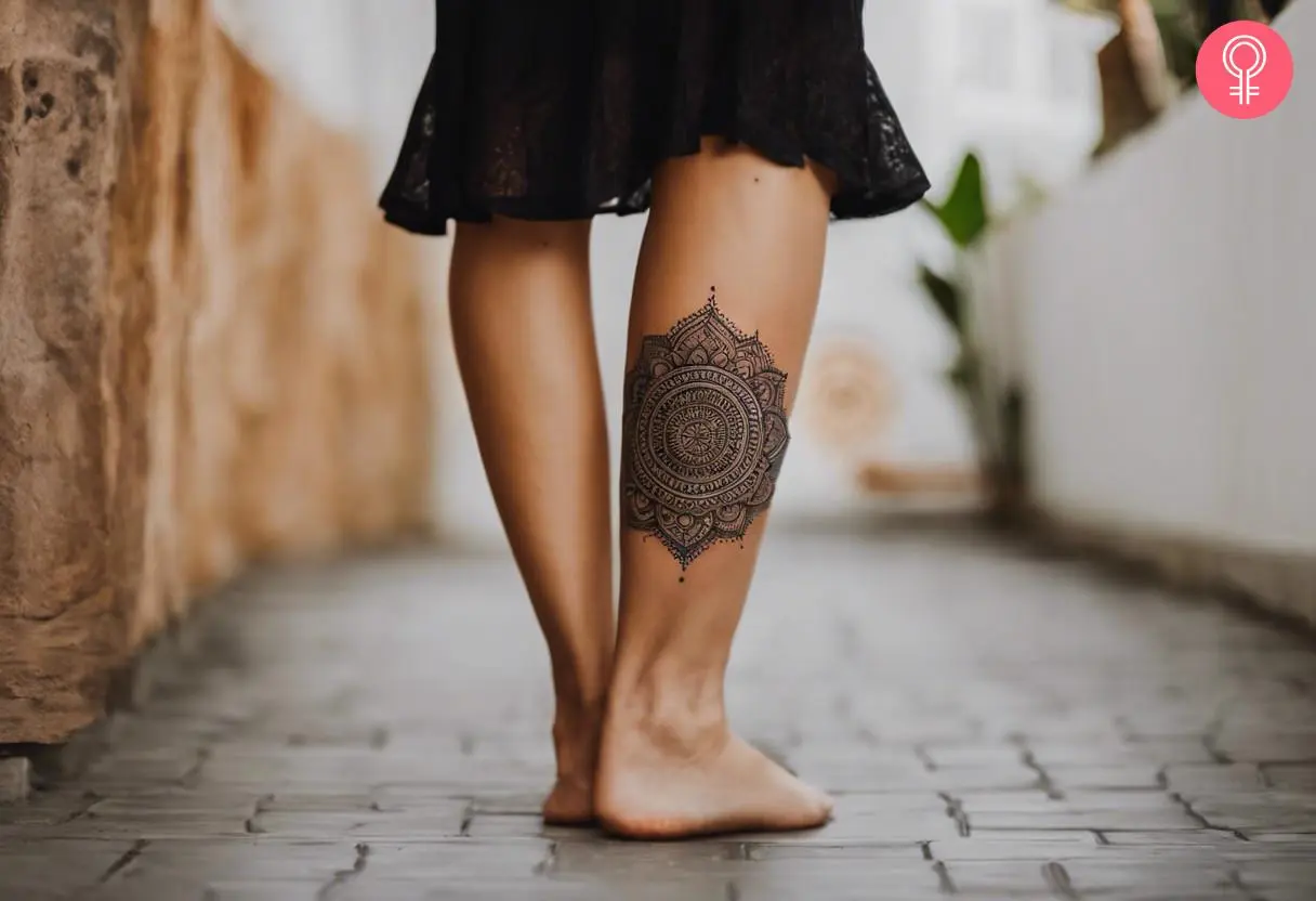 A black mandala calf tattoo