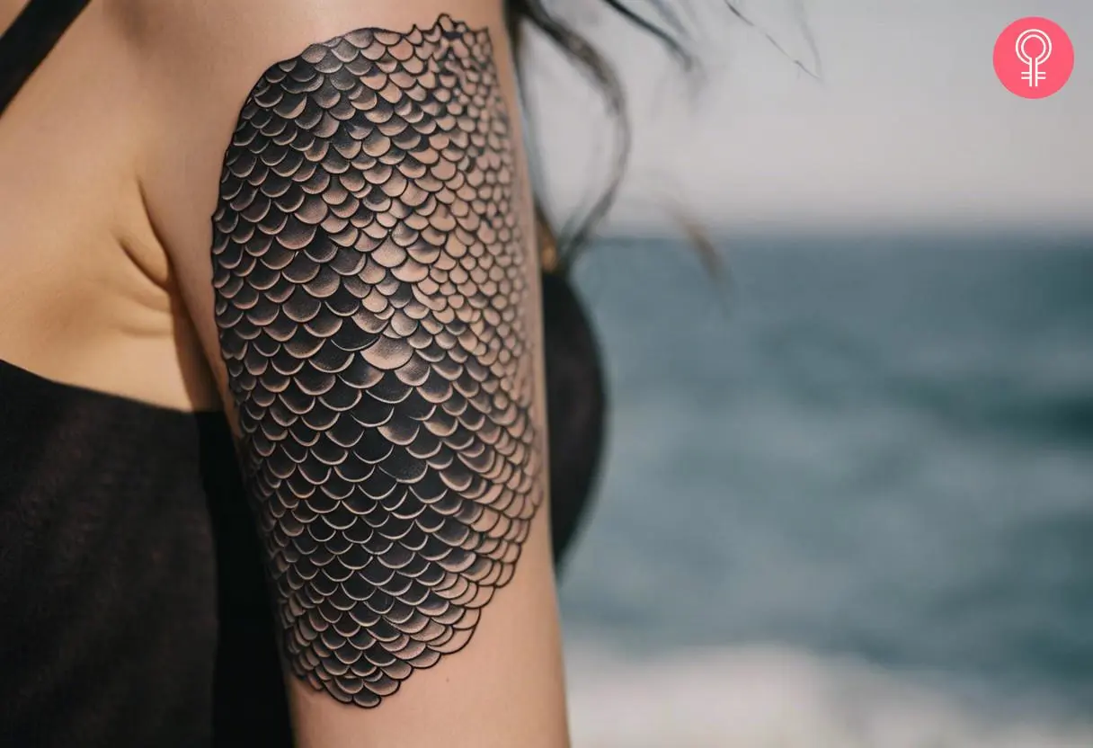 A black mermaid scales tattoo on a woman’s upper arm