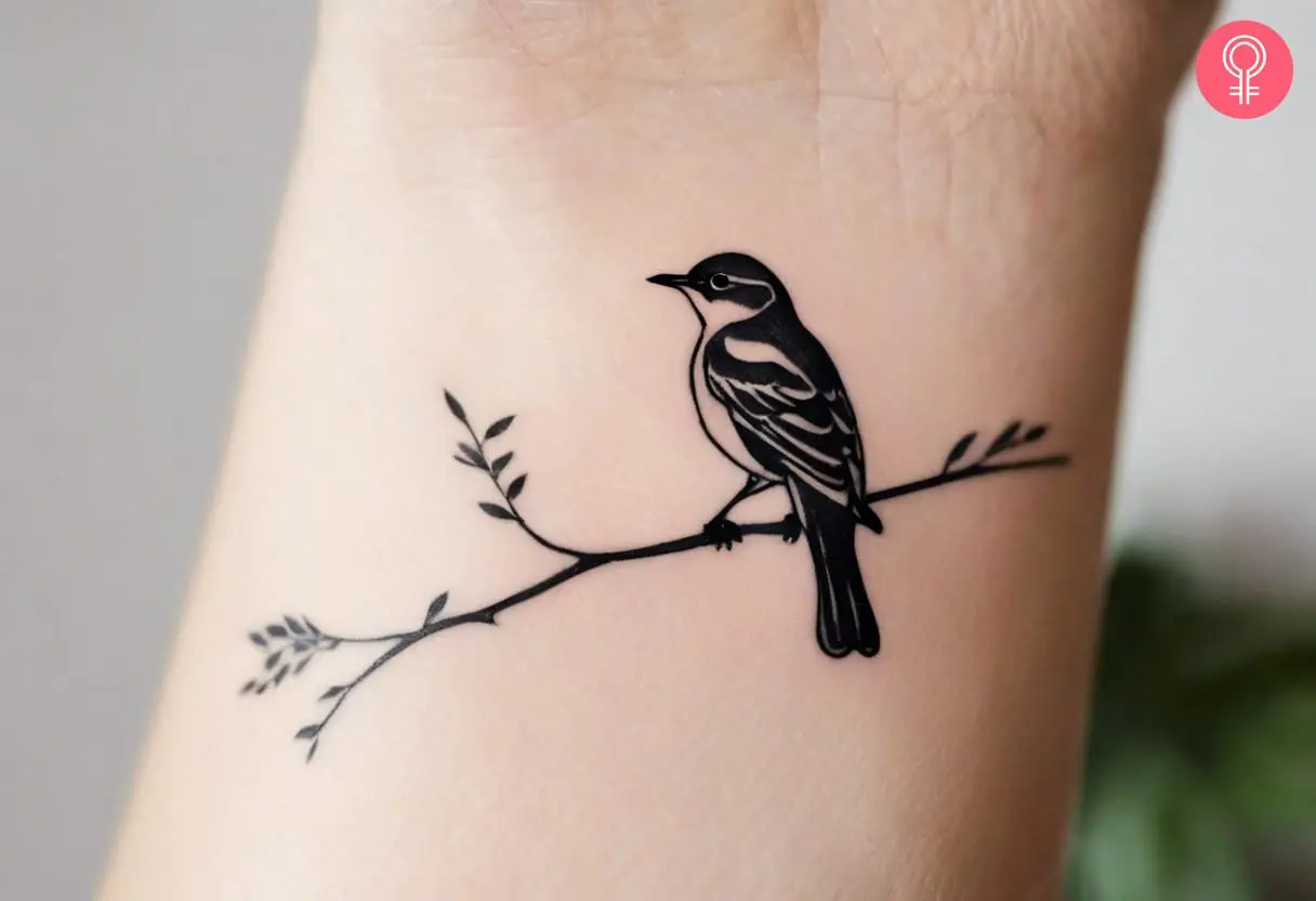 A black mockingbird tattoo on a woman’s wrist