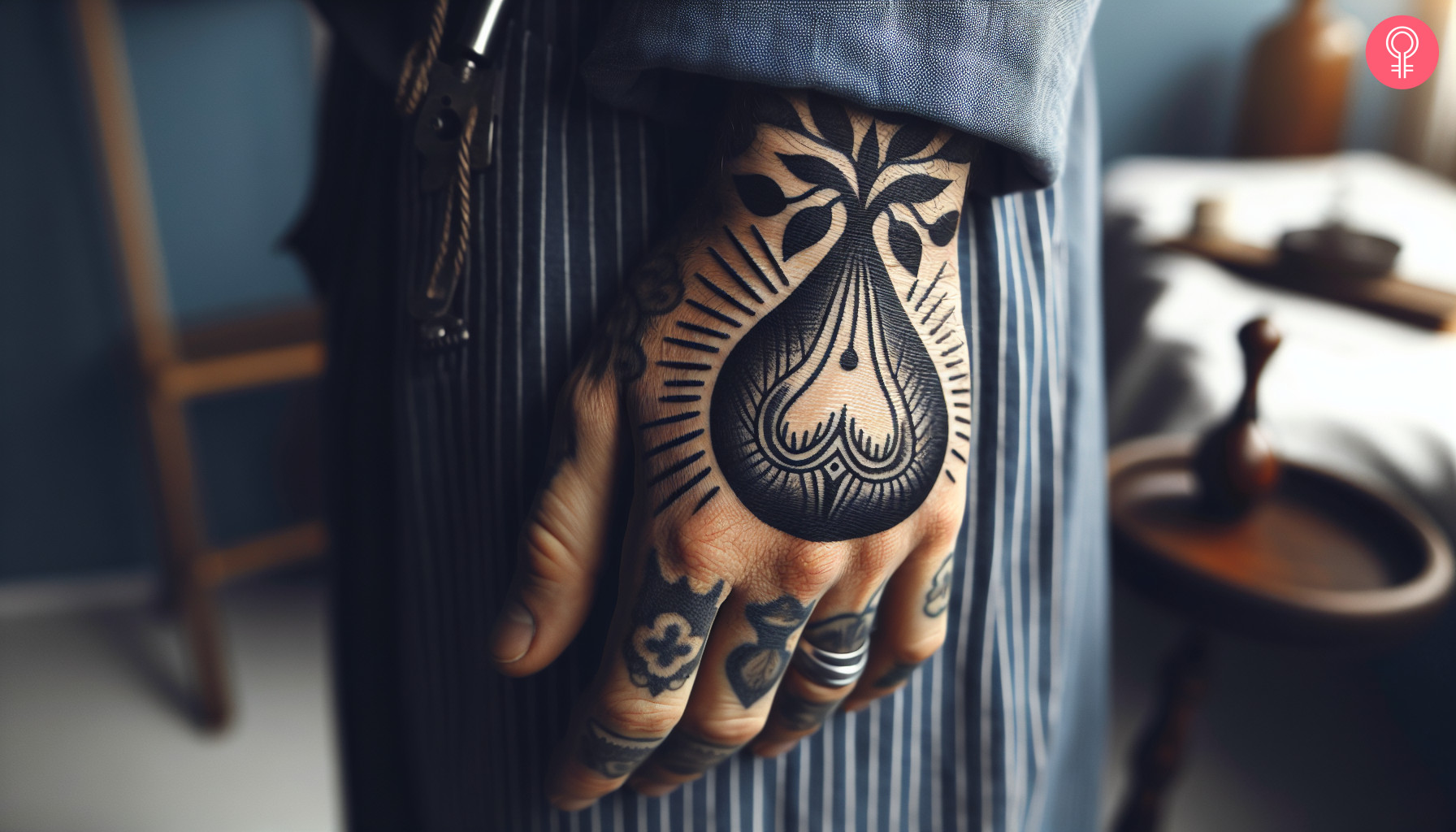 A black pear tattoo on the back of a man’s arm