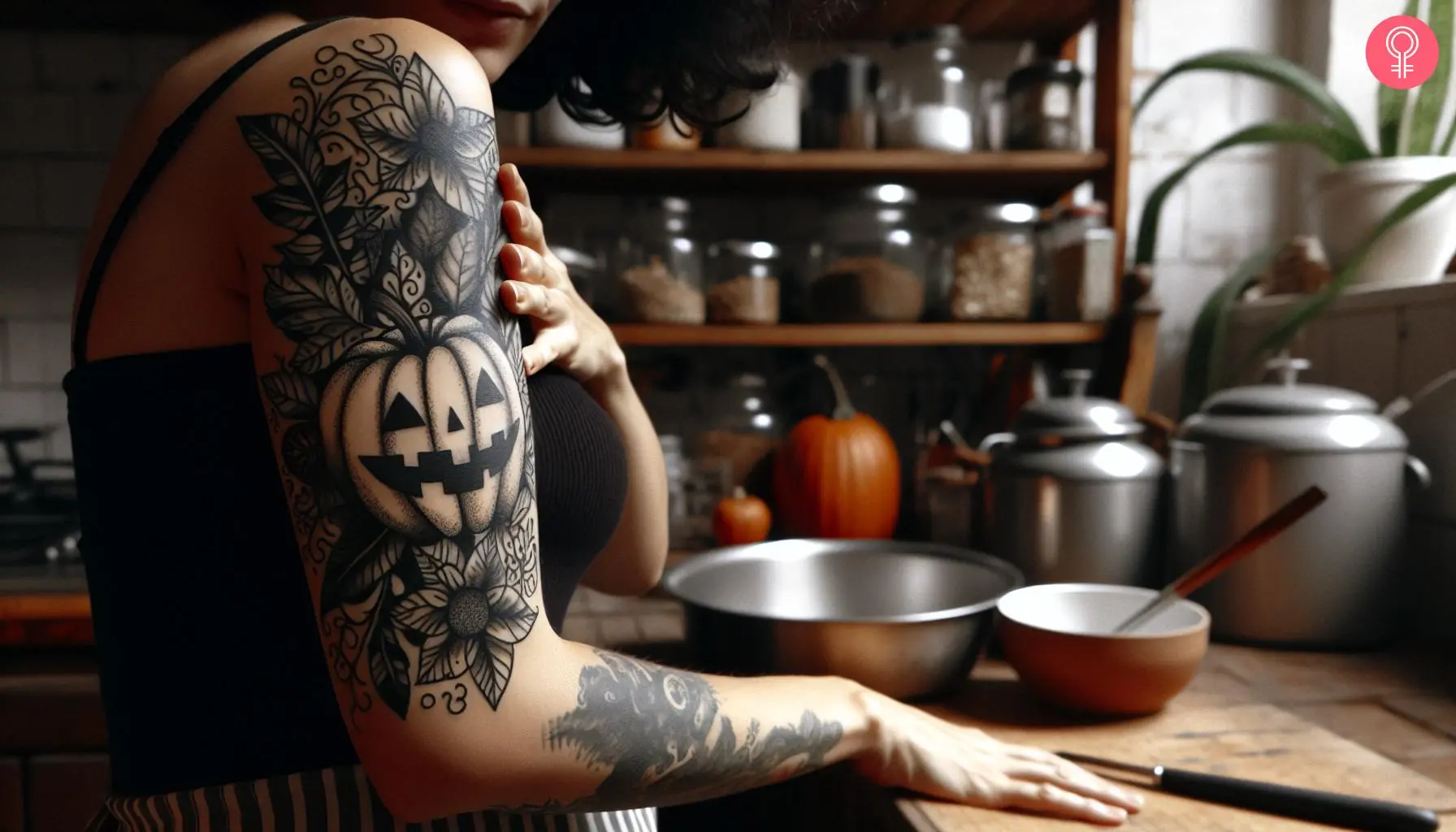 A black pumpkin tattoo on the upper arm of a woman