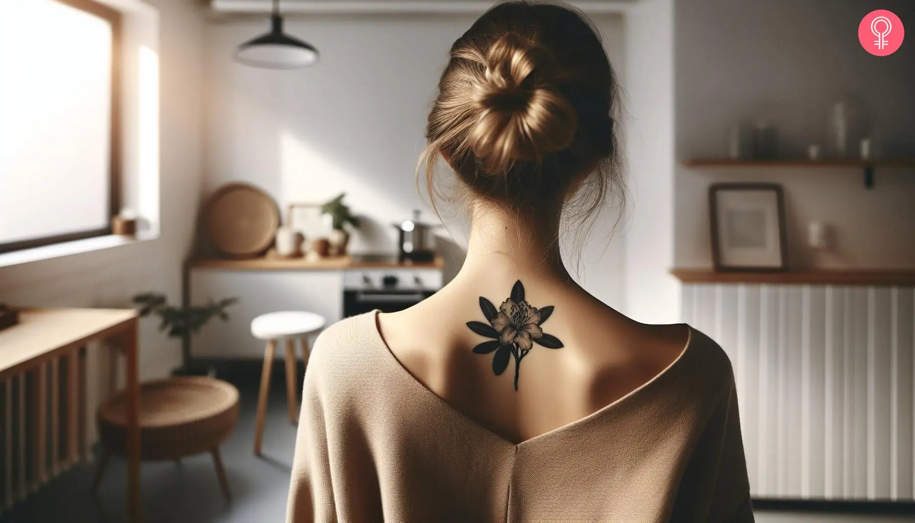 A black rhododendron tattoo on the back of the neck