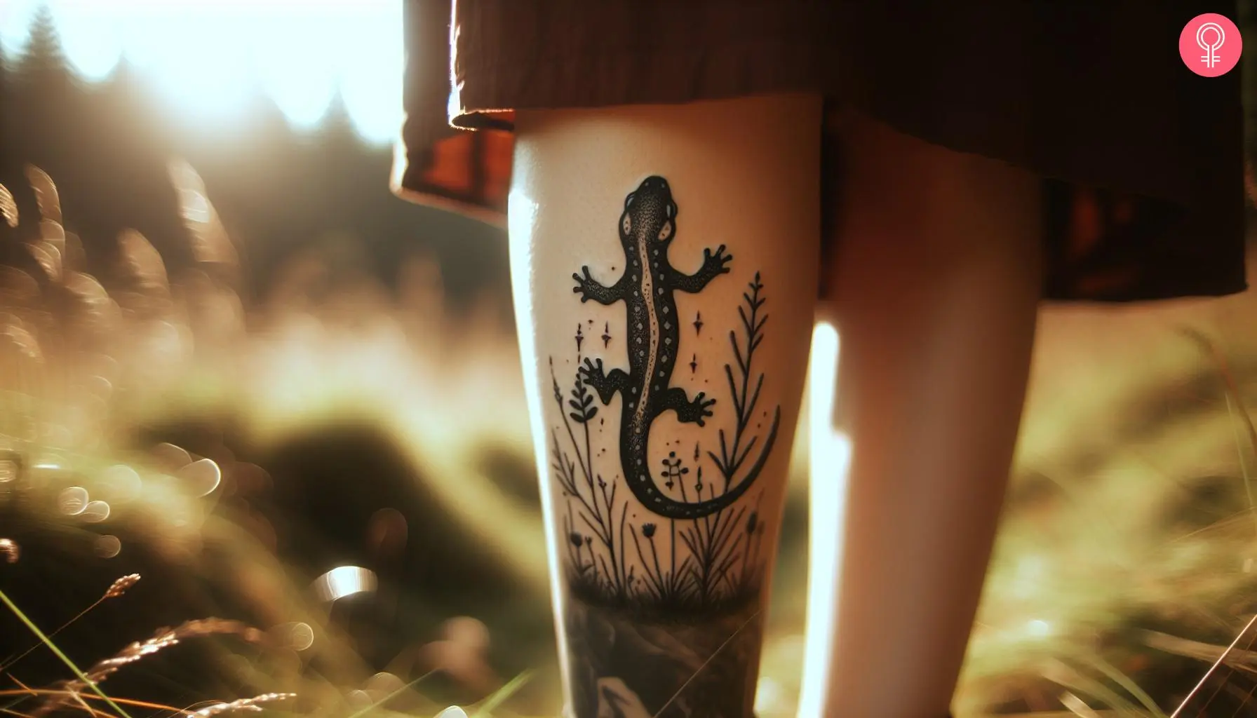 A black salamander tattoo on the calf of a woman