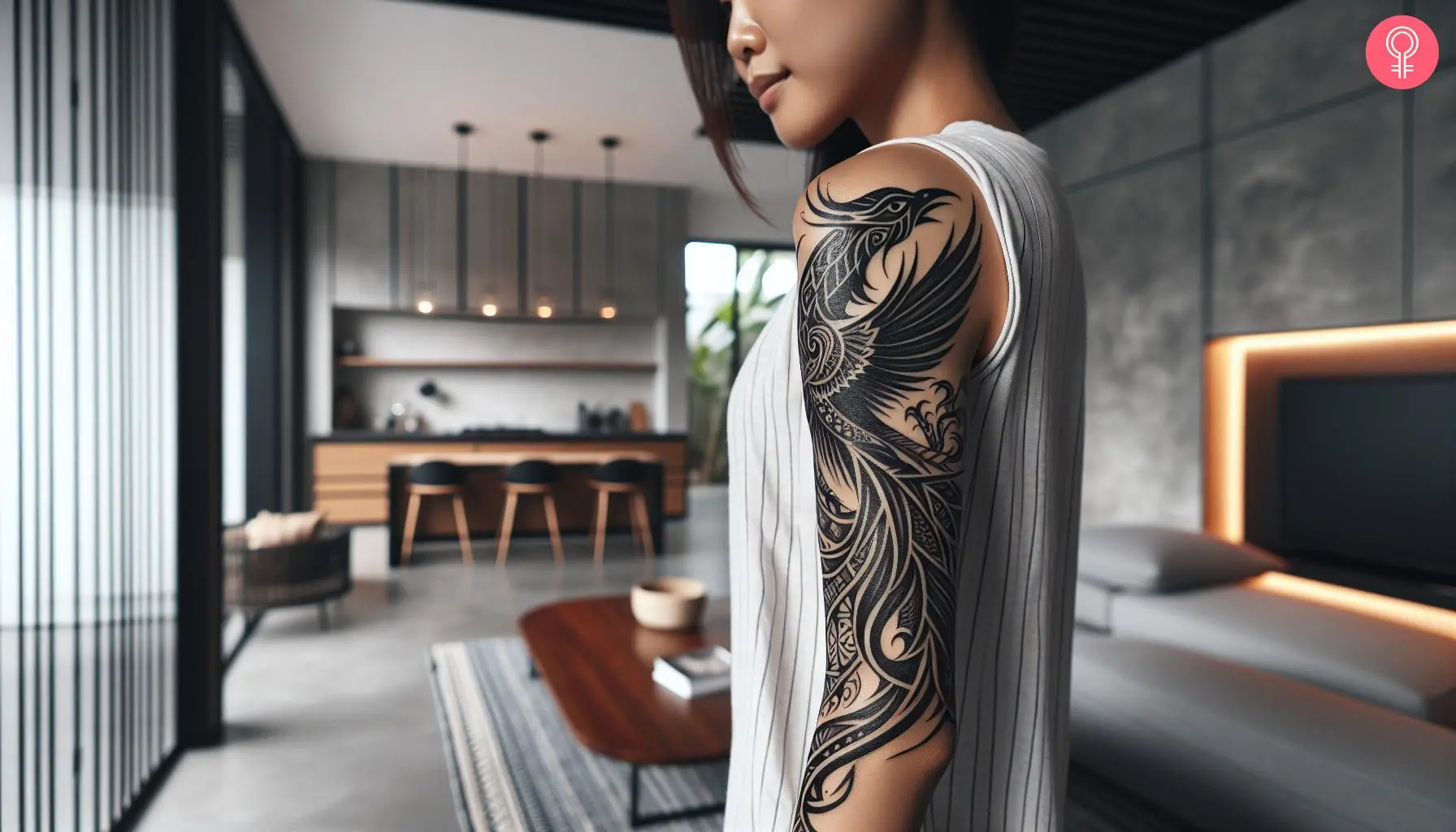 A black tribal phoenix tattoo on the upper arm