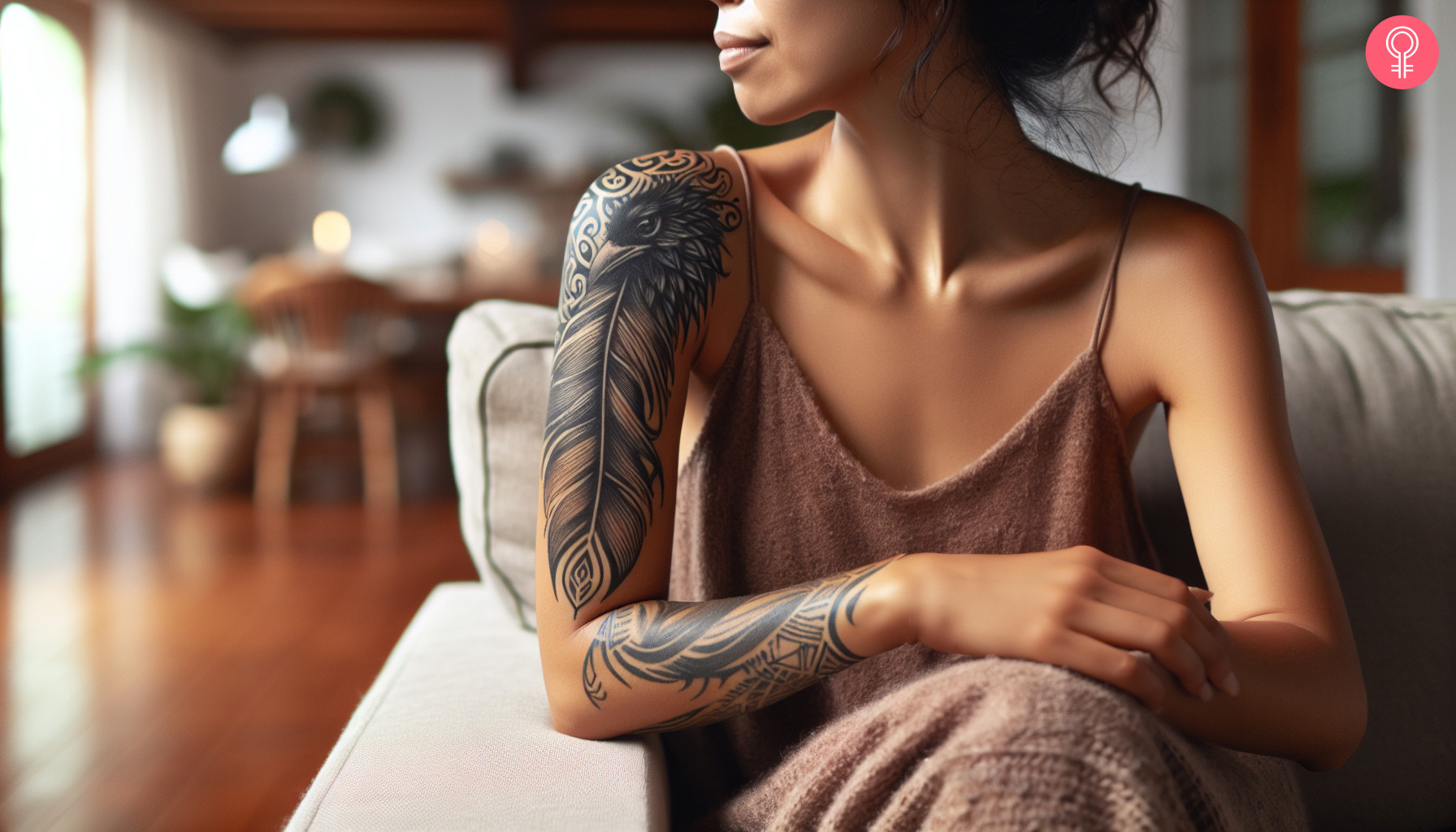 A black tribal raven feather tattoo on shoulder