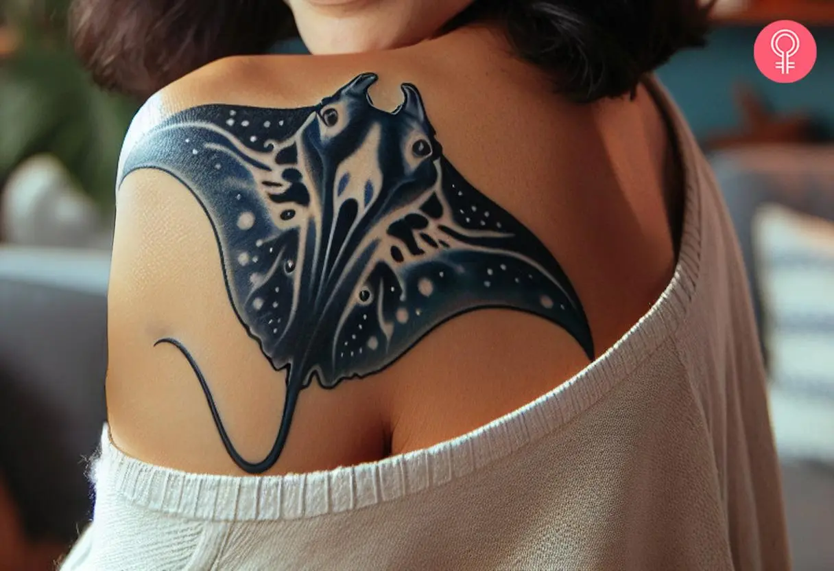 A blue manta ray tattoo on a woman’s shoulder