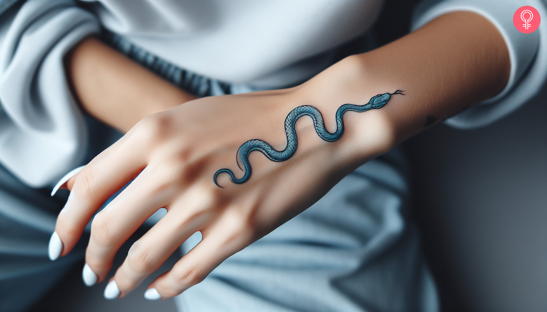 A blue snake tattoo on the upper hand