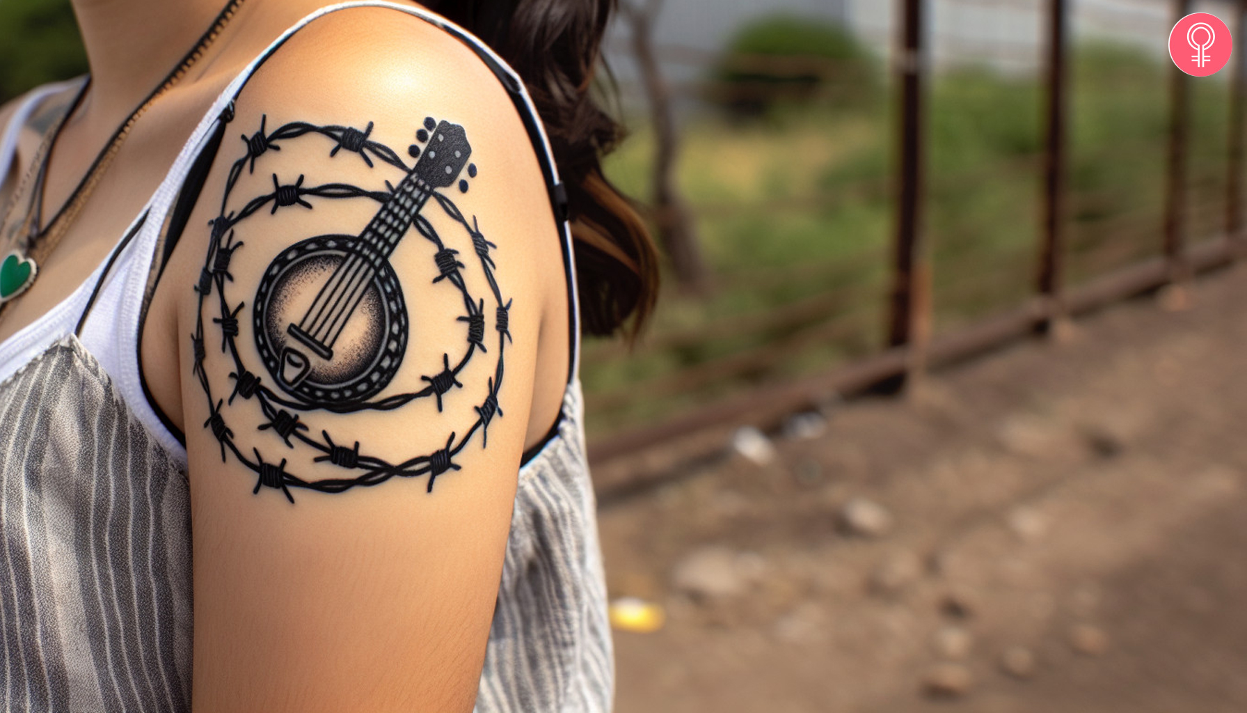 A bold black ink banjo tattoo surrounded with barbed wires on the upper arm