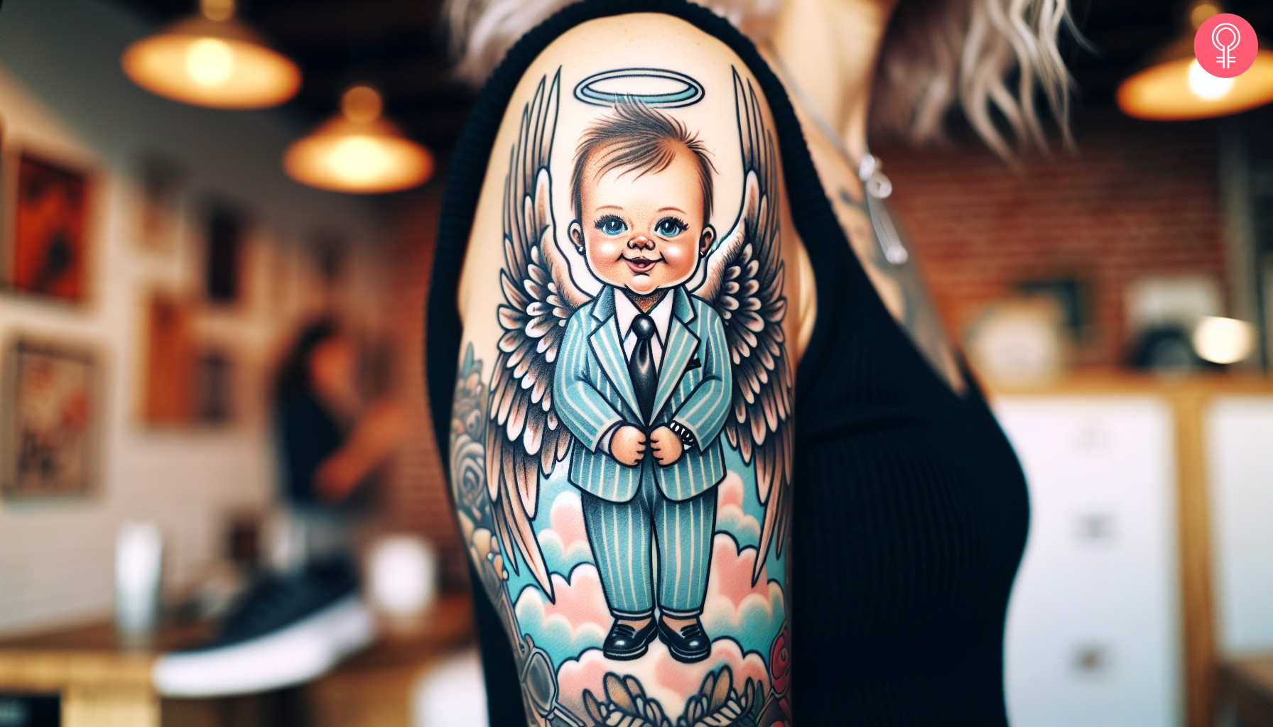 A boss baby angel tattoo on the upper arm of a woman