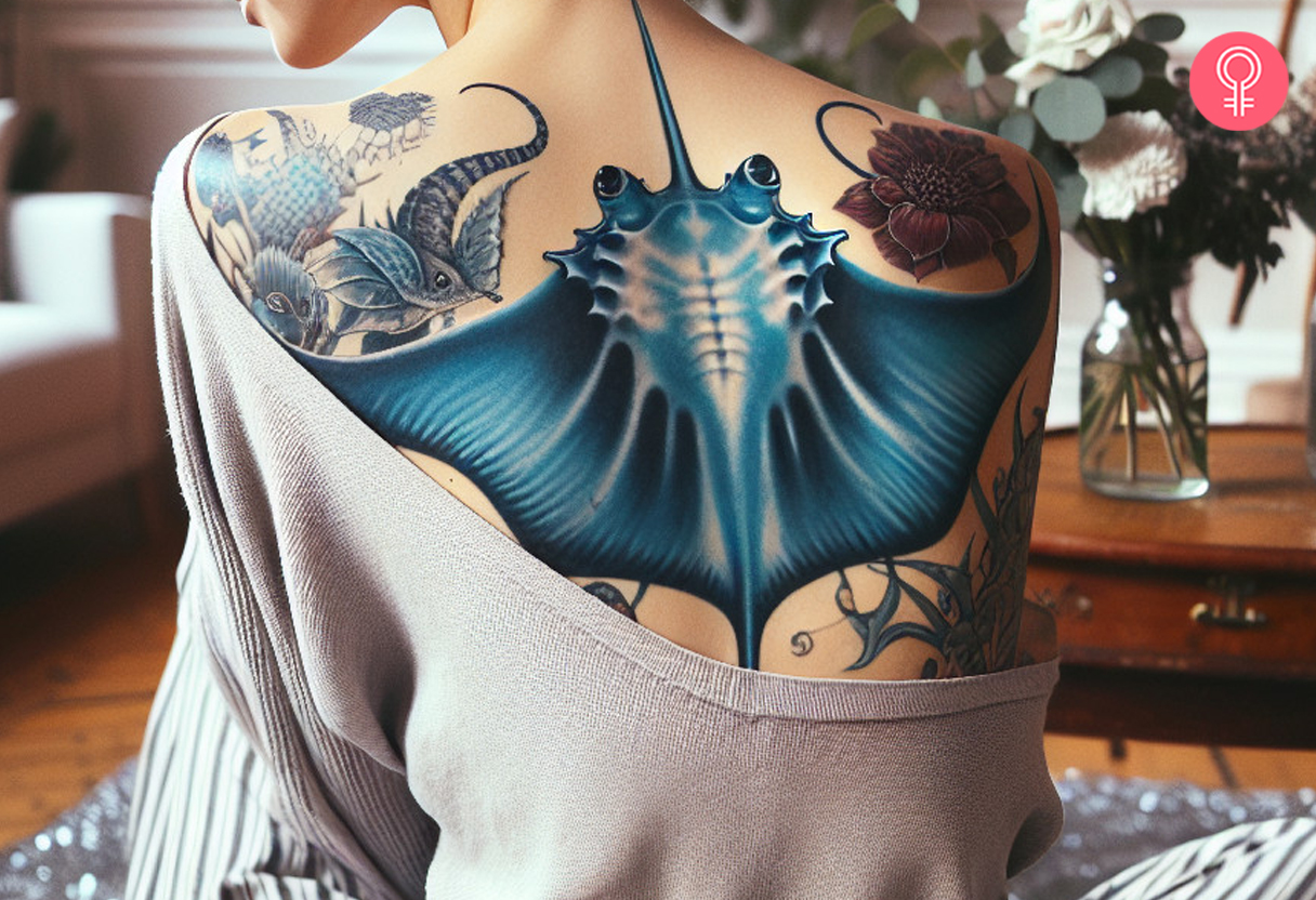 A bright blue manta ray tattoo on a woman’s back