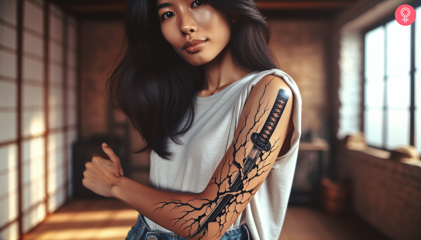 A broken katana tattoo on the arm of a woman