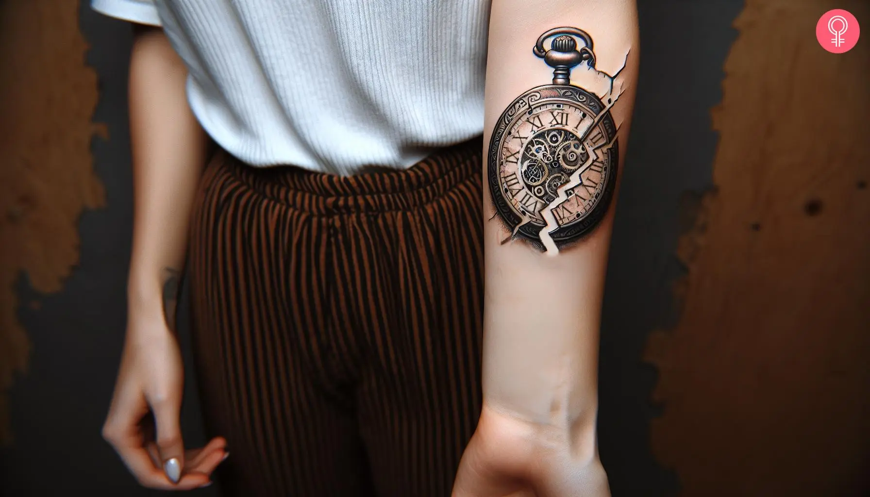 A broken pocket watch tattoo on a woman’s arm