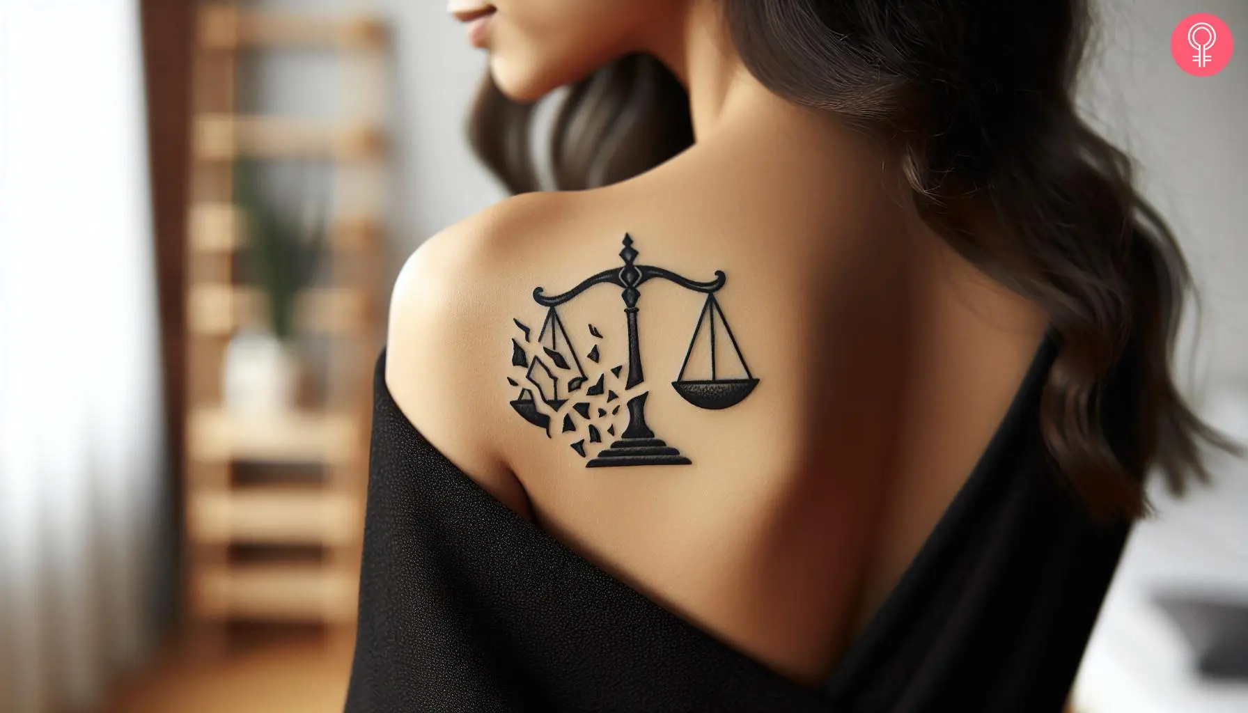 A broken scales of justice tattoo on the back of a woman