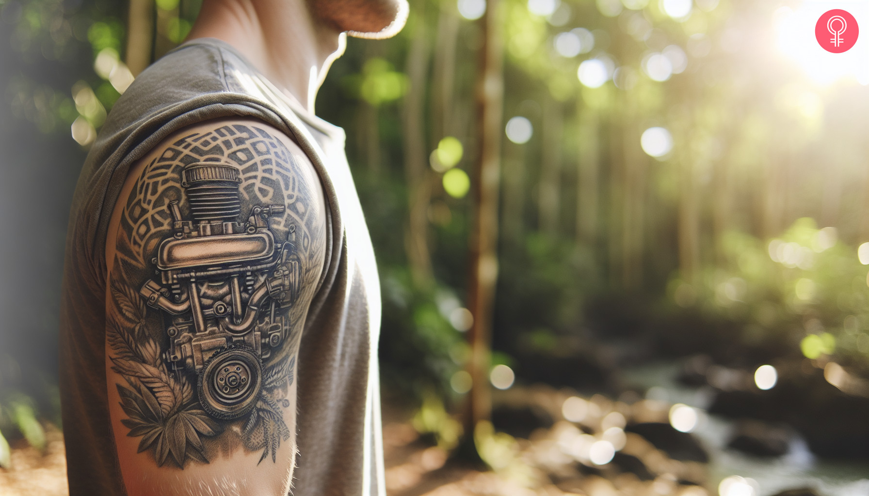 A car engine tattoo on a man’s upper arm