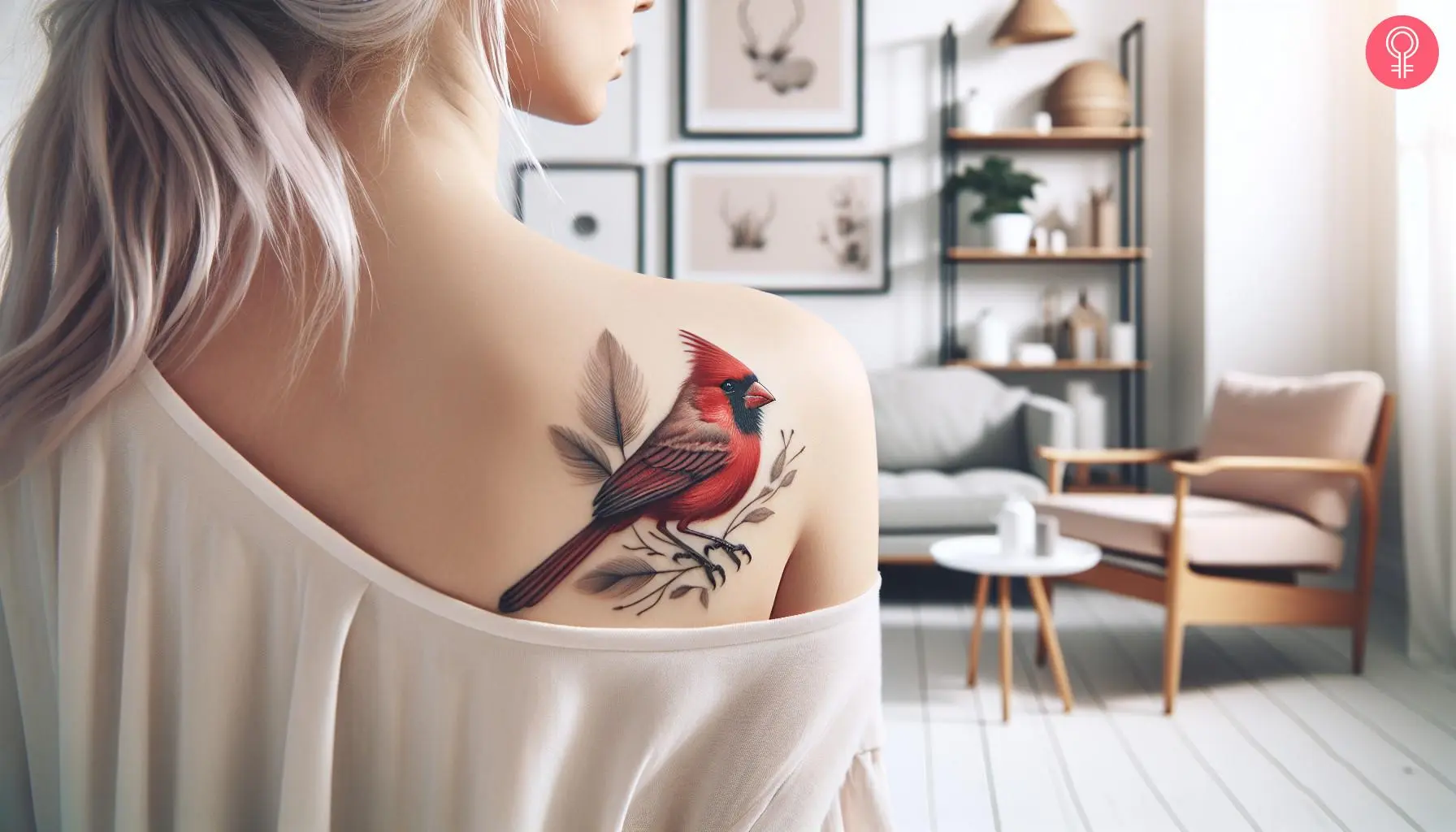 A cardinal bird memorial tattoo on the back of the shoulder