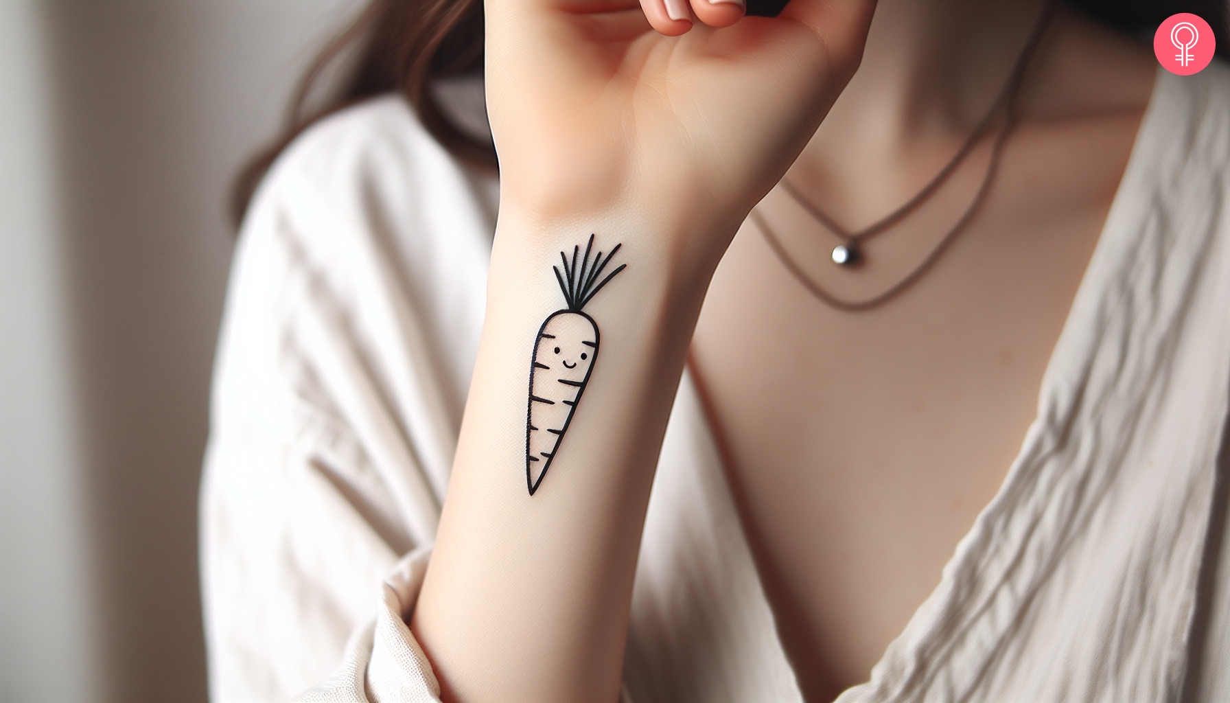 A cartoon line-art carrot tattoo inked on the forearm