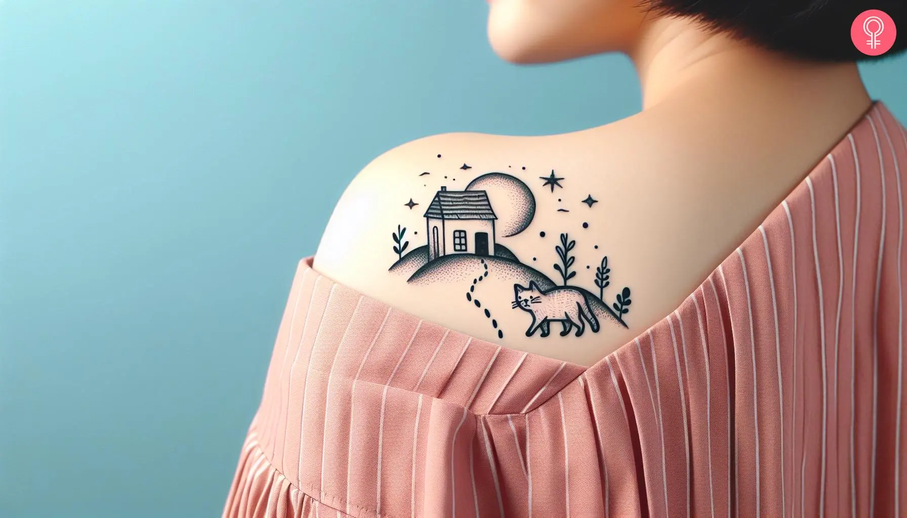 A cat walking tattoo on the back of the shoulder