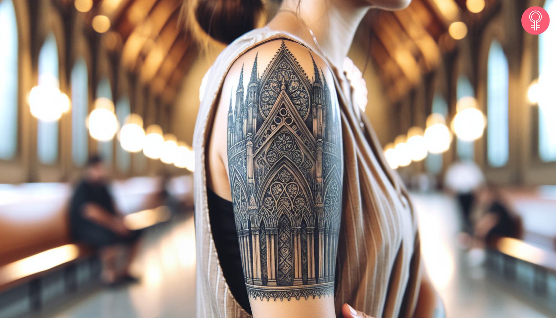 A cathedral half sleeve tattoo on the upper arm