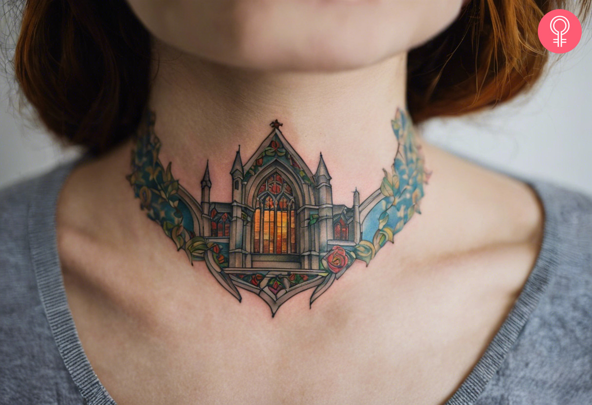 A cathedral tattoo on the neck