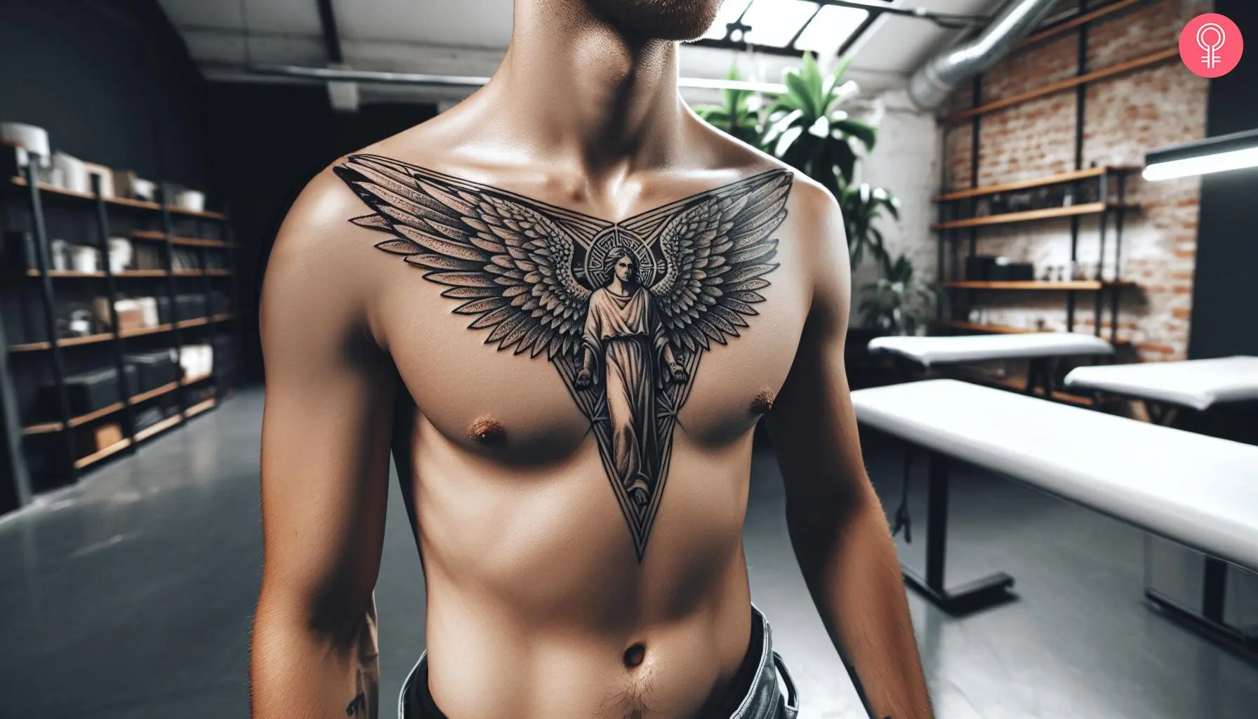 A chest tattoo featuring Saint Micheal